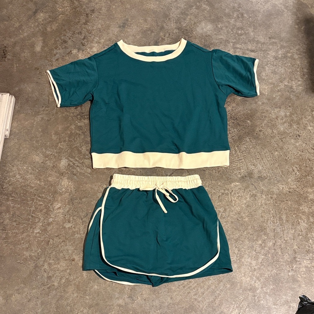 Teal Two-Piece Lounge Set with Cream Trim